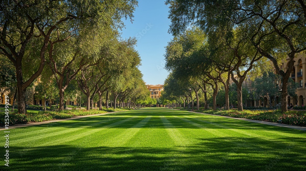 Tree-lined avenue, manicured lawn, sunny day, residential buildings background, landscaping design Tree-lined avenue, manicured lawn, sunny day, residential buildings background, landscaping design