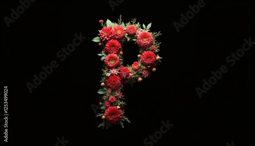 Floral Letter P Design Red Flowers Dark Background