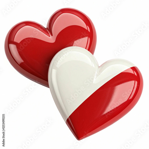 Two red and white hearts, 3D-rendered and isolated