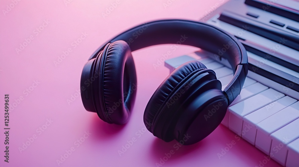 Headphones and Piano Keyboard on Pink Background Headphones and Piano Keyboard on Pink Background