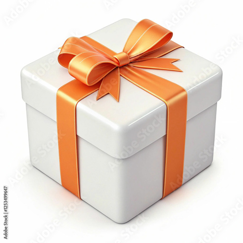 A 3D-rendered white gift box with an orange ribbon, symbolizing celebration, joy, and elegance with a festive, stylish design.