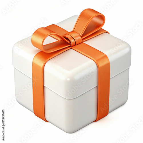 A 3D-rendered white gift box with an orange ribbon, symbolizing celebration, joy, and elegance with a festive, stylish design.