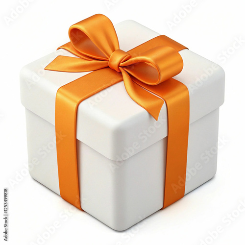 A 3D-rendered white gift box with an orange ribbon, symbolizing celebration, joy, and elegance with a festive, stylish design.