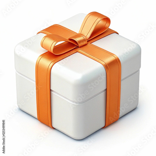 A 3D-rendered white gift box with an orange ribbon, symbolizing celebration, joy, and elegance with a festive, stylish design.