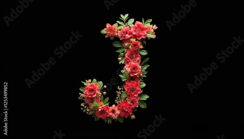 Floral Letter J Design with Red Flowers and Greenery