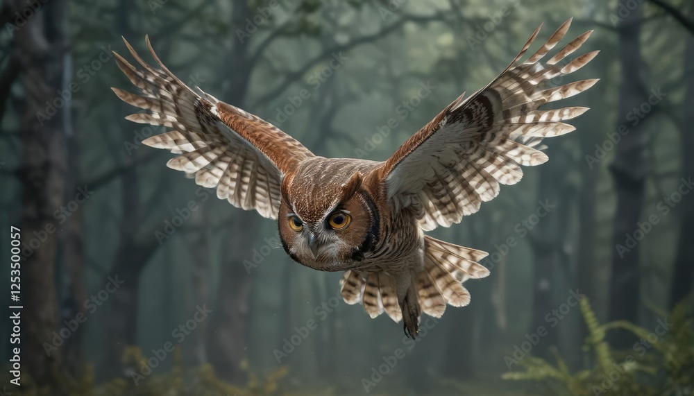 Fototapeta premium A swooping motion of an Eastern Screech Owl as it dives towards its prey, swift flight, nighttime sky