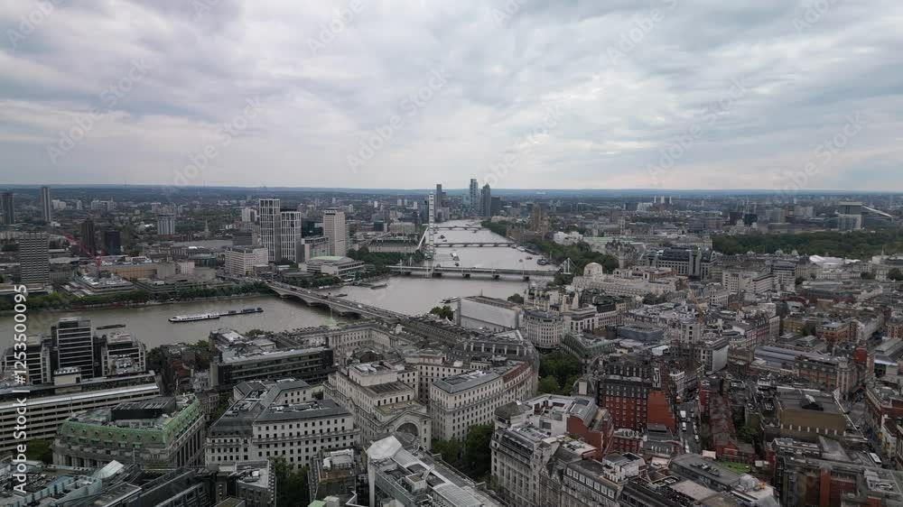 Aerial view Drone shot River Thames by bridges London UK Aerial view Drone shot River Thames by bridges London UK