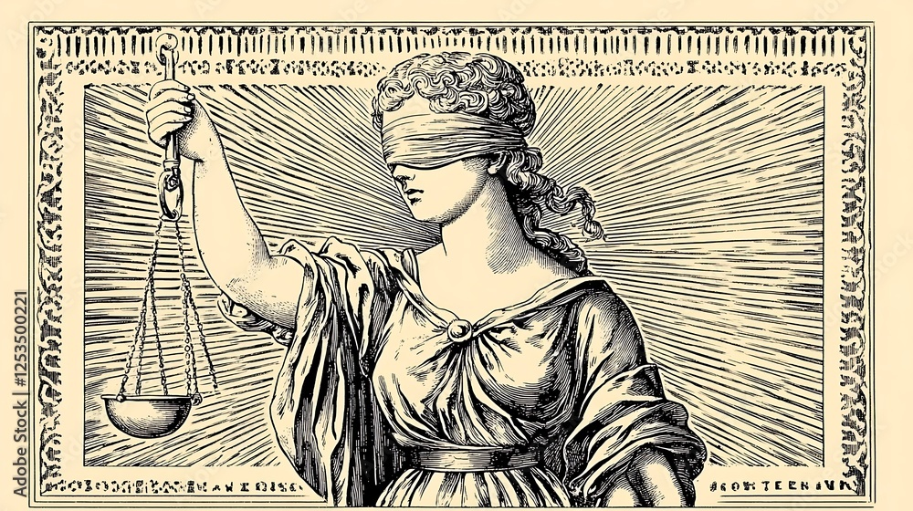 Fototapeta premium A vintage illustration of Lady Justice, blindfolded, holding scales, with radiant background