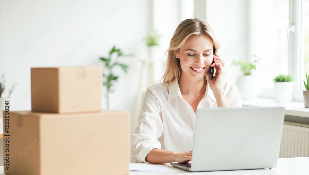 a businesswoman in an office with a laptop talking on the phone