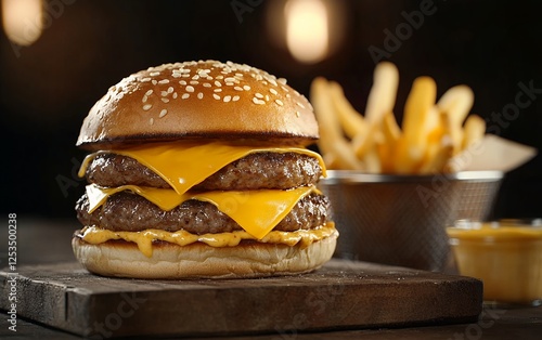 Juicy double cheeseburger with melted cheddar cheese on sesame bun served with crispy french fries and dipping sauce for gourmet fast food lovers photo