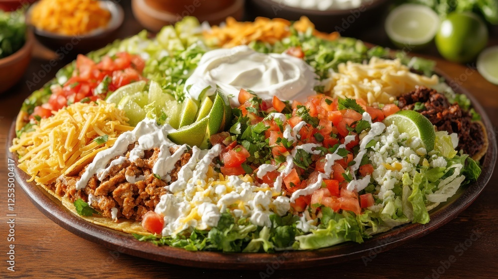 A vibrant platter of Mexican tacos with colorful toppings including fresh lettuce, diced tomatoes, cheese, sour cream, and lime wedges, served on a wooden table. A vibrant platter of Mexican tacos with colorful toppings including fresh lettuce, diced tomatoes, cheese, sour cream, and lime wedges, served on a wooden table.