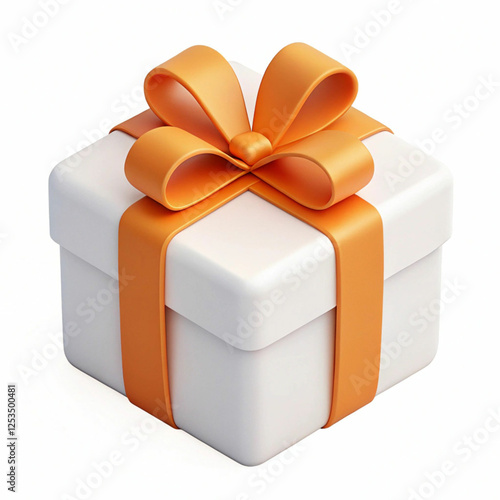 A 3D-rendered white gift box with an orange ribbon, symbolizing celebration, joy, and elegance with a festive, stylish design.