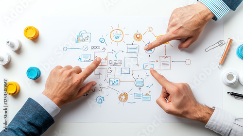 Hands pointing at flowchart on whiteboard with colorful markers