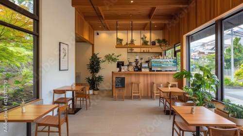 Wallpaper Mural Modern Wooden Cafe Interior With Plants Torontodigital.ca