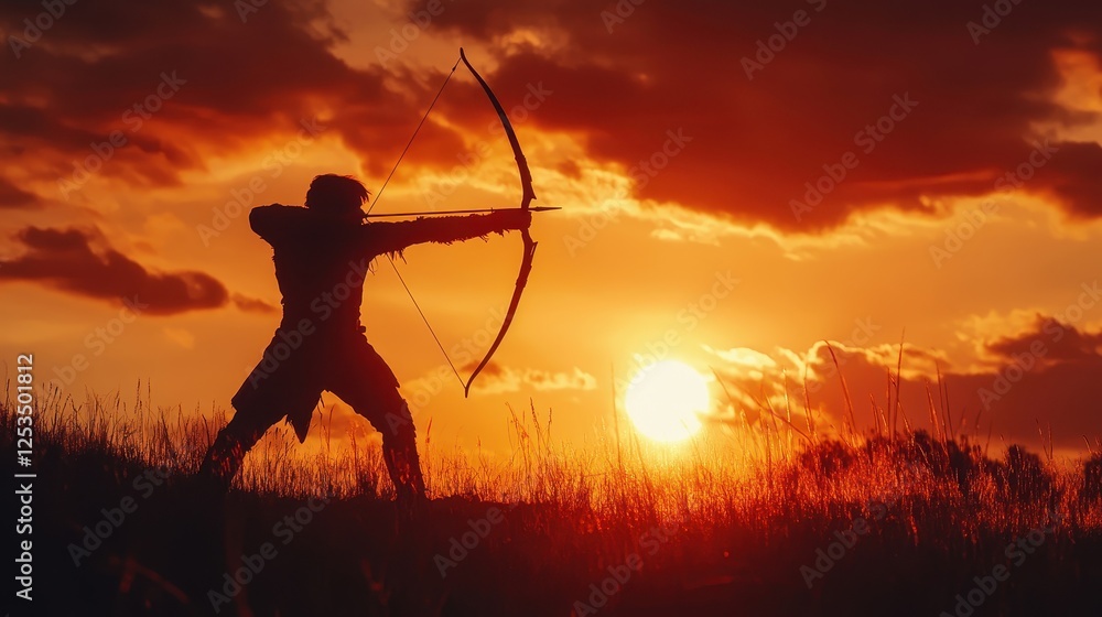 Fototapeta premium Archer Silhouette Against Dramatic Sunset Background