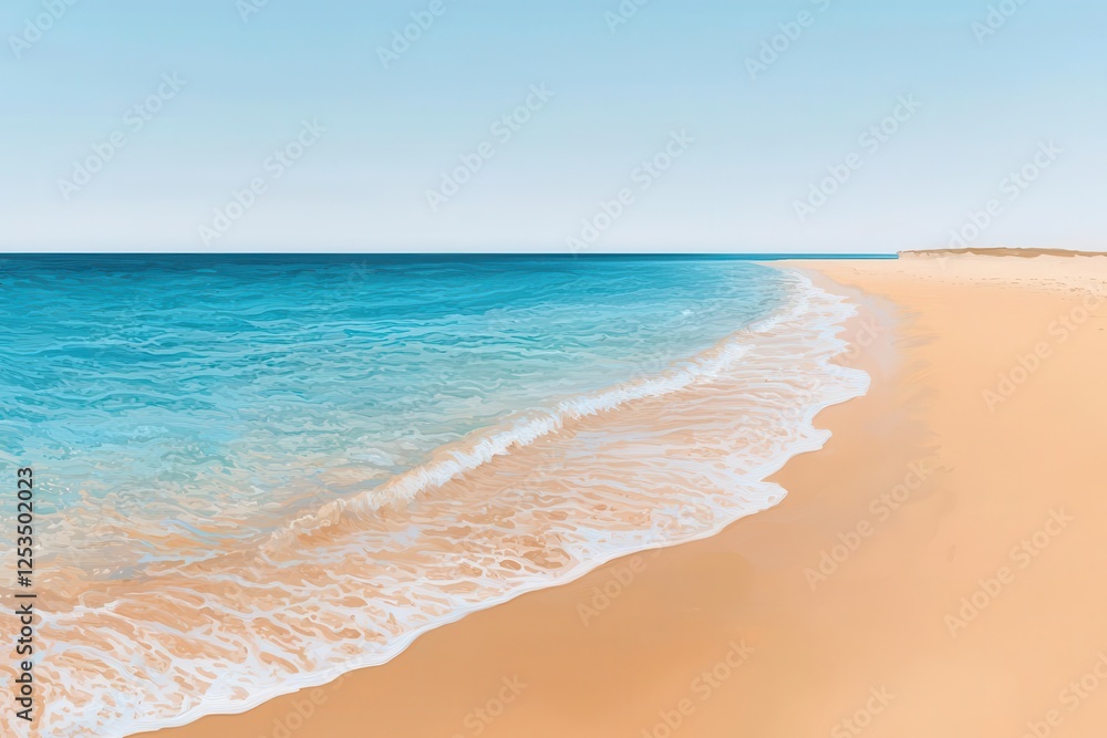 Serene beach with gentle waves lapping against golden sand under a clear blue sky. Serene beach with gentle waves lapping against golden sand under a clear blue sky.