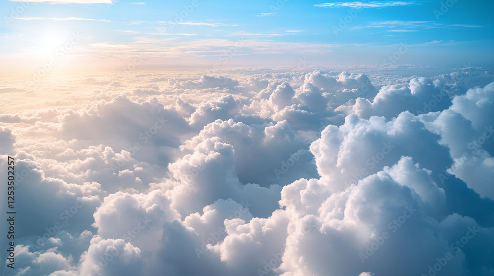 Fototapeta premium A serene aerial view of fluffy white clouds under a bright blue sky, illuminated by the warm glow of the setting sun, creating a tranquil and uplifting atmosphere.