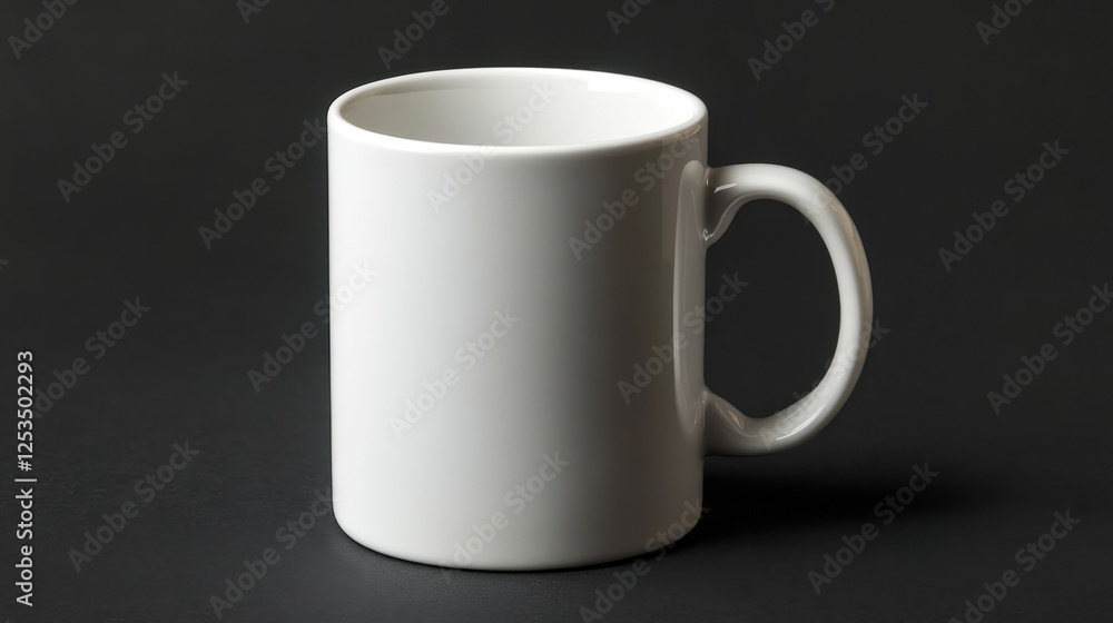Obraz premium A white coffee mug rests on a black surface, showcasing its clean design and simplicity, perfect for a contemporary ambiance