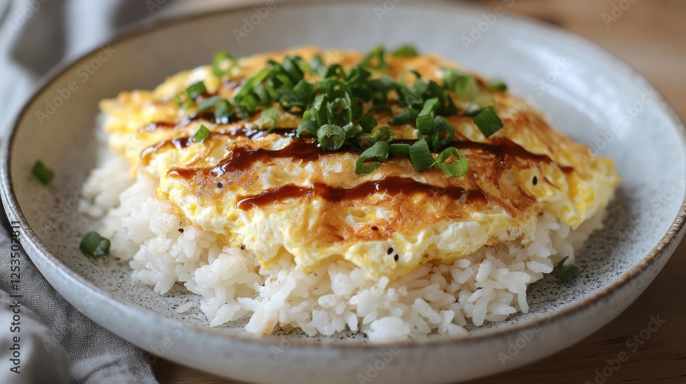 A delicious plate of rice topped with a perfectly cooked omelette, slightly crispy edges, and a drizzle of soy sauce, ready to enjoy. A delicious plate of rice topped with a perfectly cooked omelette, slightly crispy edges, and a drizzle of soy sauce, ready to enjoy.