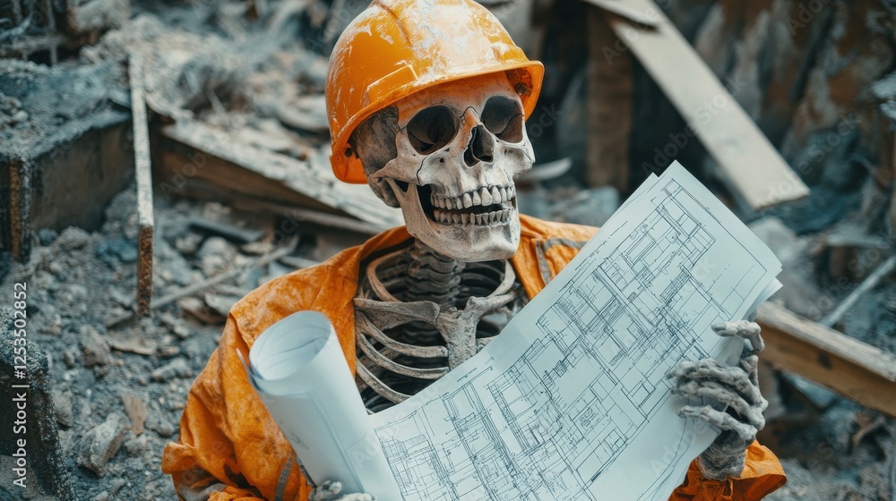 Fototapeta premium A skeleton in an orange hard hat and jacket holds blueprints amidst a construction site filled with debris.