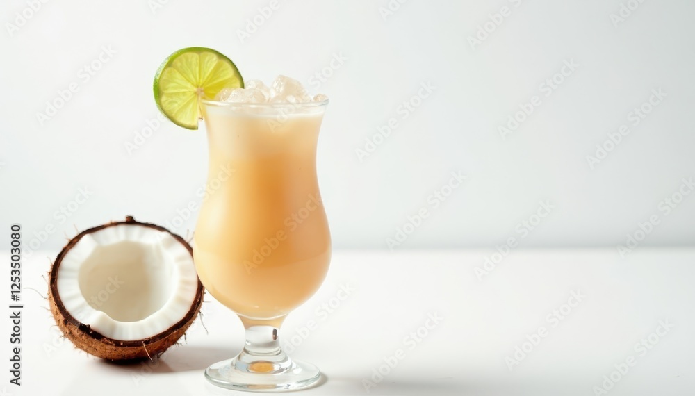 Iced coconut cocktail, pristine white background , photography, beverage Iced coconut cocktail, pristine white background , photography, beverage