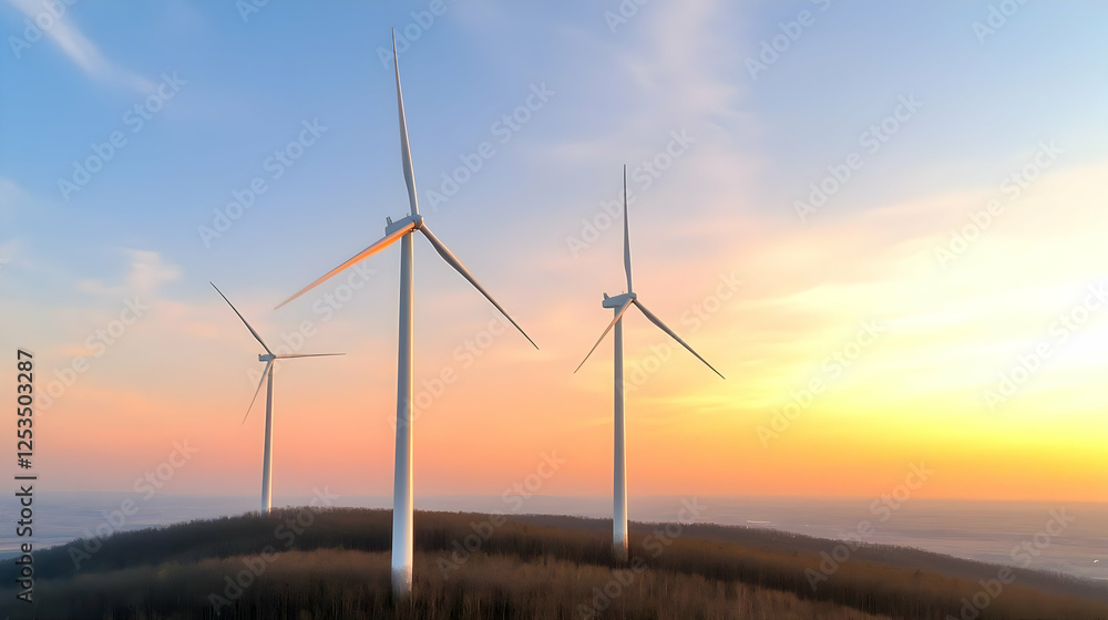Obraz premium Wind turbines sunset hilltop aerial renewable energy