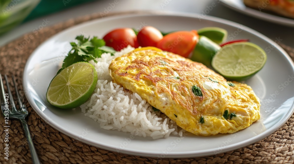 A hearty meal featuring a creamy omelette on fragrant jasmine rice, served on a clean white plate with a slice of lime and fresh vegetables. A hearty meal featuring a creamy omelette on fragrant jasmine rice, served on a clean white plate with a slice of lime and fresh vegetables.