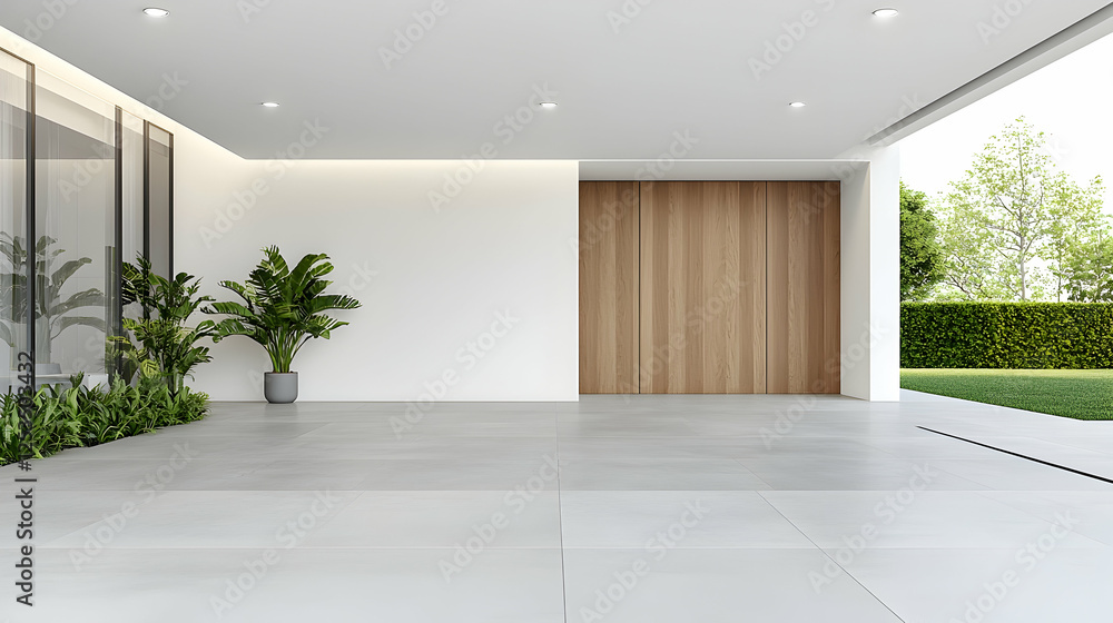 Fototapeta premium Empty modern concrete driveway and carport of a luxury minimalist house with white walls, wooden paneling, and green plants during daytime.