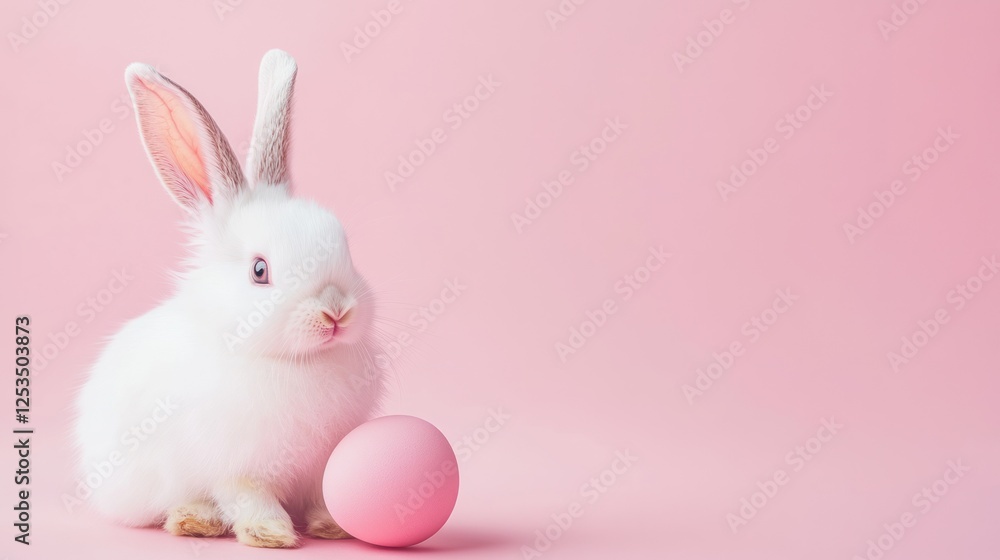 Adorable Easter Bunny with Pink Egg on Pink Background Adorable Easter Bunny with Pink Egg on Pink Background