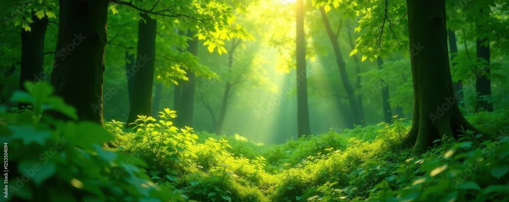 Obraz premium Lush green forest with sunlight filtering through leaves, forest, leaves