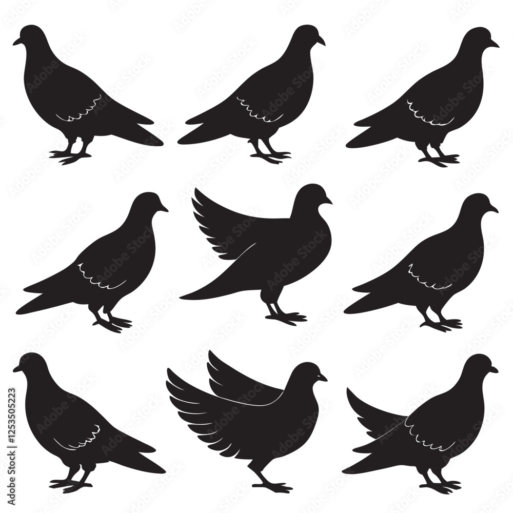Obraz premium Pigeon silhouettes set, pigeon pack of vector silhouette design