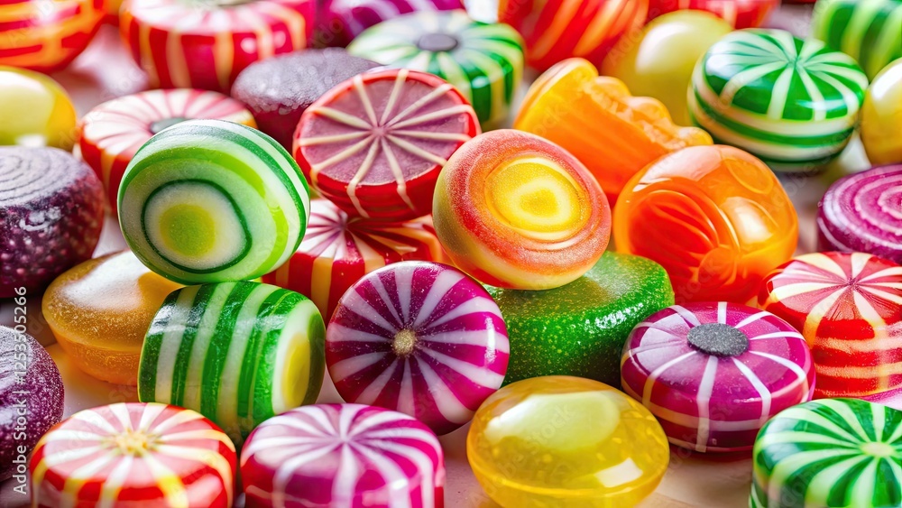 A vibrant burst of colorful hard candies, in assorted shapes, a sweet photographic delight. A vibrant burst of colorful hard candies, in assorted shapes, a sweet photographic delight.