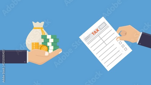 Hand giving money and gold coins to person with tax form. Suitable for financial concepts, taxes, wealth management, investments, and financial support.
