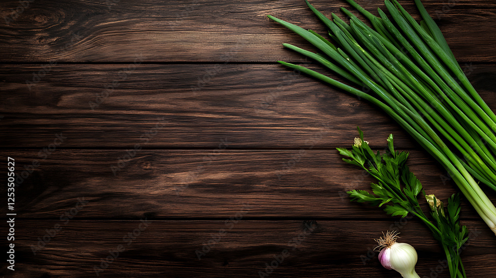 Green onion, parsley and garlic on a dark wooden background. Green onion, parsley and garlic on a dark wooden background.