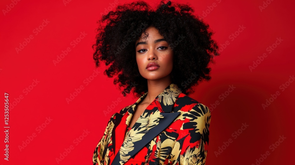A black model with an afro, rocking a colorful, patterned suit, standing against a bold red background A black model with an afro, rocking a colorful, patterned suit, standing against a bold red background