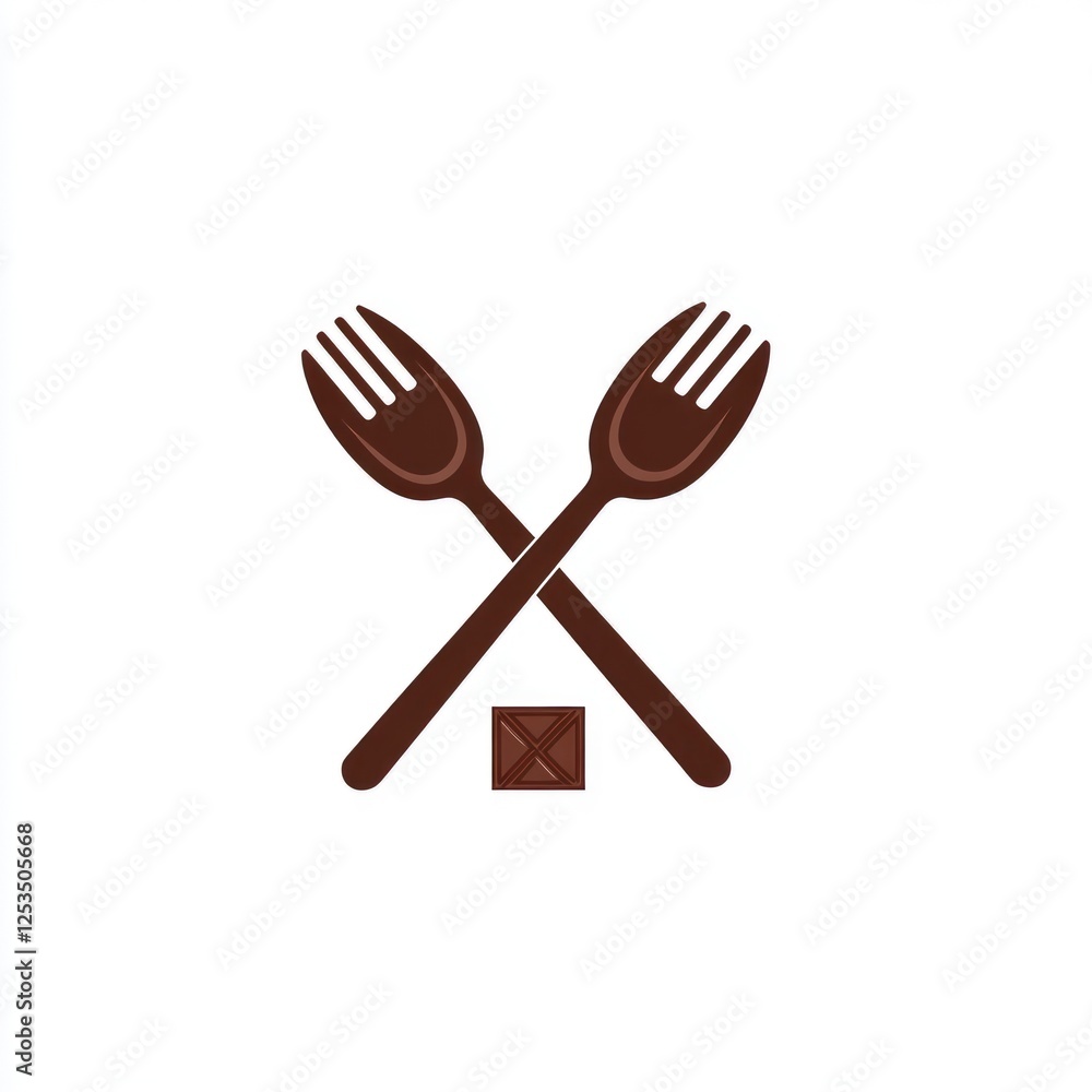 Simple crossed wooden cutlery logo design with small chocolate box Simple crossed wooden cutlery logo design with small chocolate box