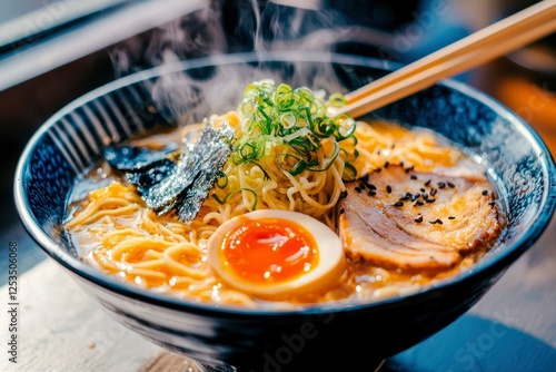 Steaming Ramen Bowl with Chopsticks, Restaurant Setting photo