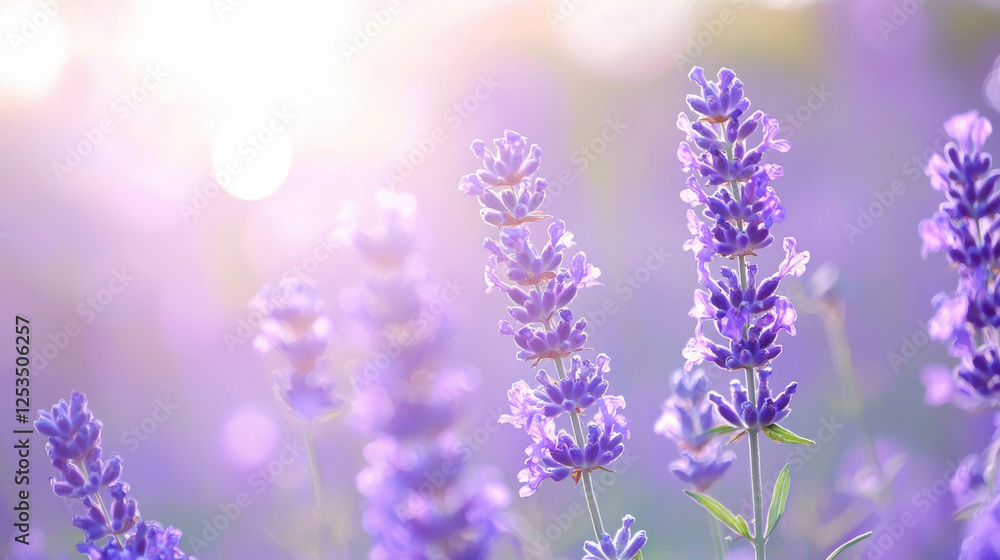 Obraz premium Lavender flowers in soft, dreamy sunlight with blurred background, creating serene and calming atmosphere. vibrant purple hues contrast beautifully with warm light