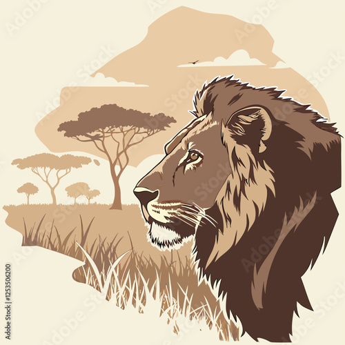 Double Exposure Lion with African Savannah Landscape – Wildlife Art Illustration