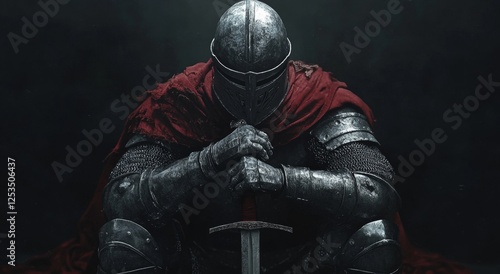 A knight in silver armor and red cape sits on their knees with hands clasped together