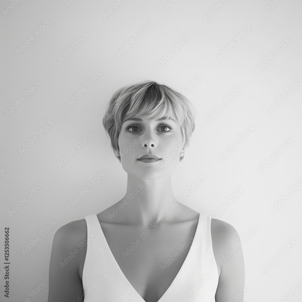Studio portrait of a woman with a short, light colored bob haircut, presented against a plain, off white background. The lighting is soft and even, casting no significant shadows. The woman wears a Studio portrait of a woman with a short, light colored bob haircut, presented against a plain, off white background. The lighting is soft and even, casting no significant shadows. The woman wears a