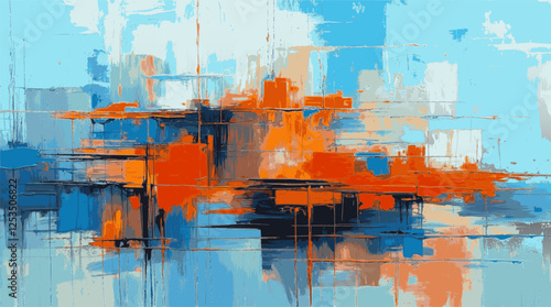 Abstract artwork presents dynamic interplay of cool and warm tones, contrast between vivid blue and fiery orange, urban landscape with vertical and horizontal brushstrokes