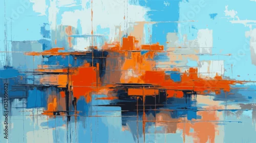 Panel kuchenny z motywem Abstract artwork presents dynamic interplay of cool and warm tones, contrast between vivid blue and fiery orange, urban landscape with vertical and horizontal brushstrokes