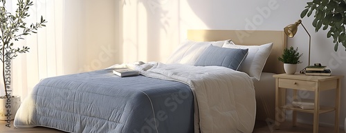 there is a bed with a blue comforter and a white blanket