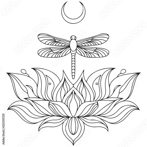 Lotus moon and dragonfly hand drawn for adult coloring book