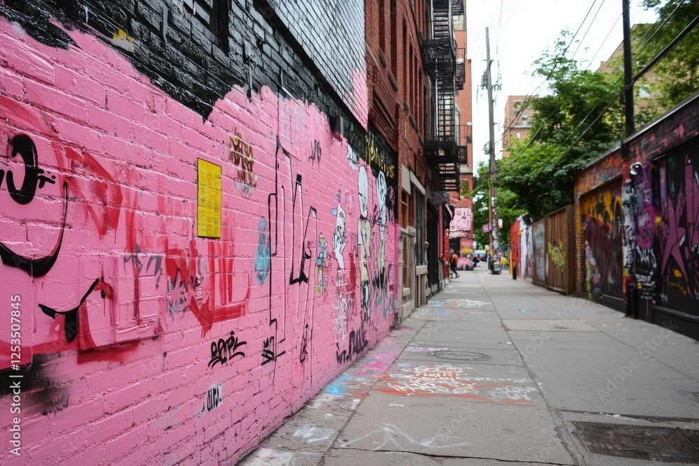 Fototapeta premium Graffiti-covered pink alleyway in city