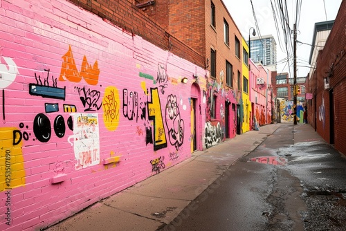 Graffiti-Covered Alleyway in Urban Setting. Possible use Stock Photo photo