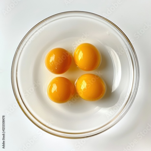 Four fresh egg yolks in a glass bowl on a white background photo