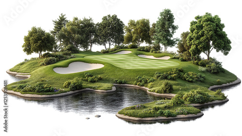 A lush green golf course with sand traps and trees, isolated on a white background.  The course is nestled within a natural pond.