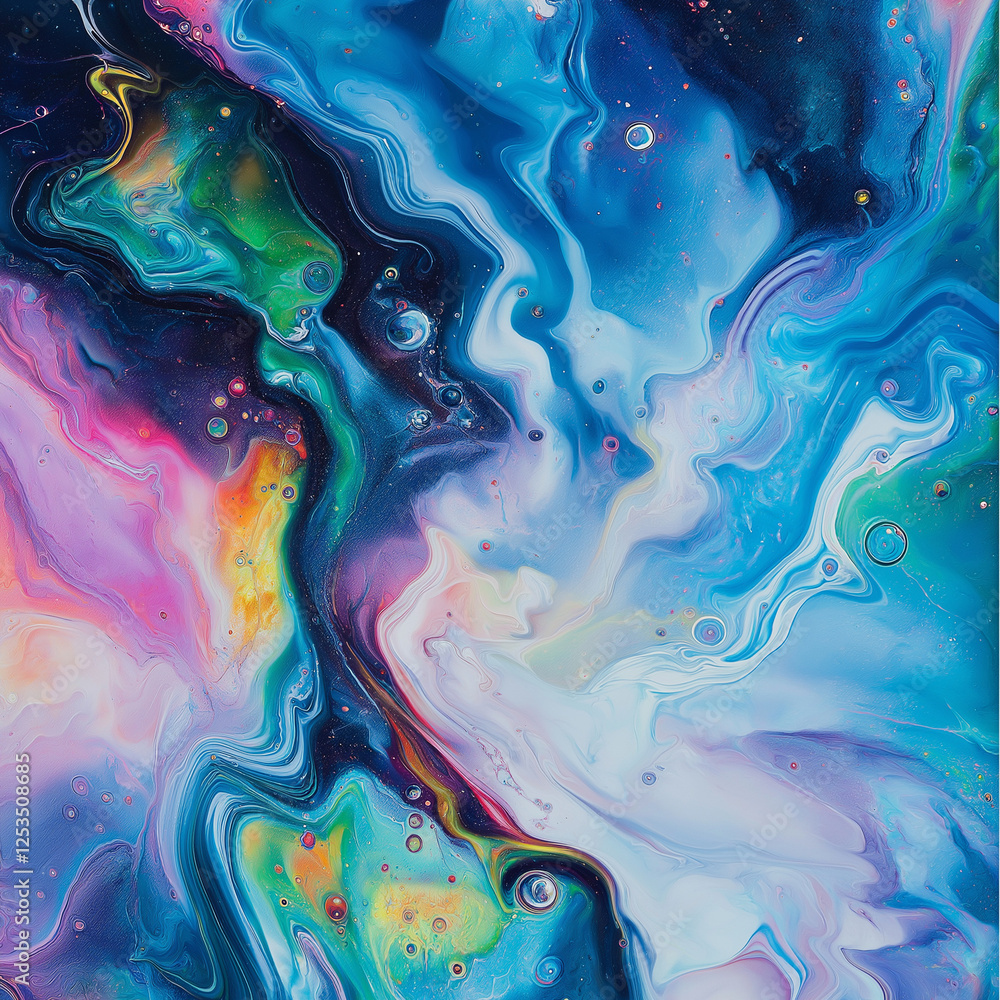 Fototapeta premium Abstract Psychedelic Background with Swirling Liquid Shapes in Blue, Purple, Pink, Green, and White – Vivid Pattern Evoking Trippy Visuals for Digital Art, Design Projects, and Creative Inspira